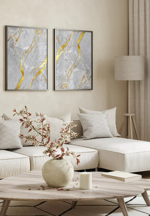 Grey Marble Real Gold Set Of 2 Posters 50x70cm